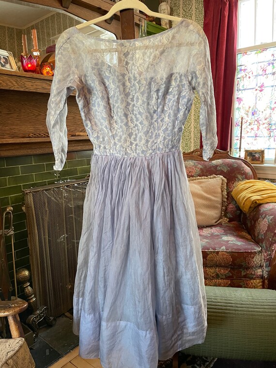 knee length dresses for ladies Light Blue Tulle and Lace Dress with Train #1164