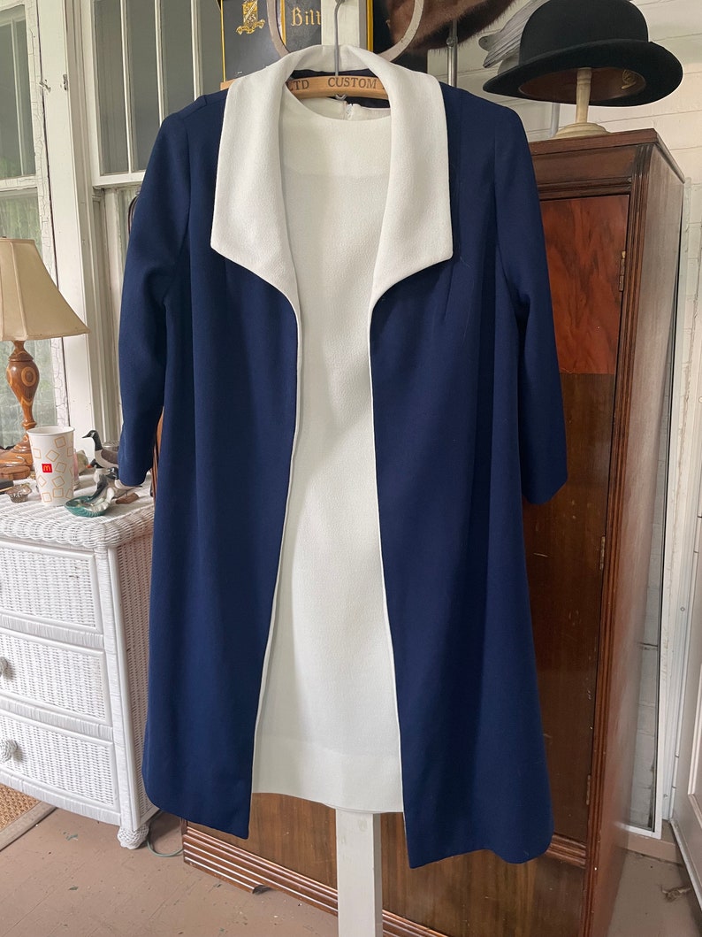 Vintage dress and jacket, two piece outfit, set (B540), navy blue and white jacket and dress image 1
