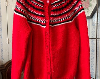 Vintage red sweater, handmade red cardigan (C430), hand knit red sweater, cardigan with white and black trim