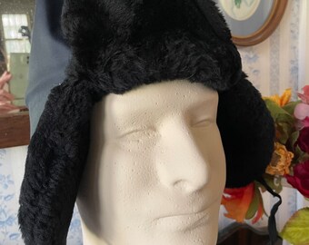 Vintage Fur Hat, Black Mouton Trapper Hat, Cap (B620), Blue