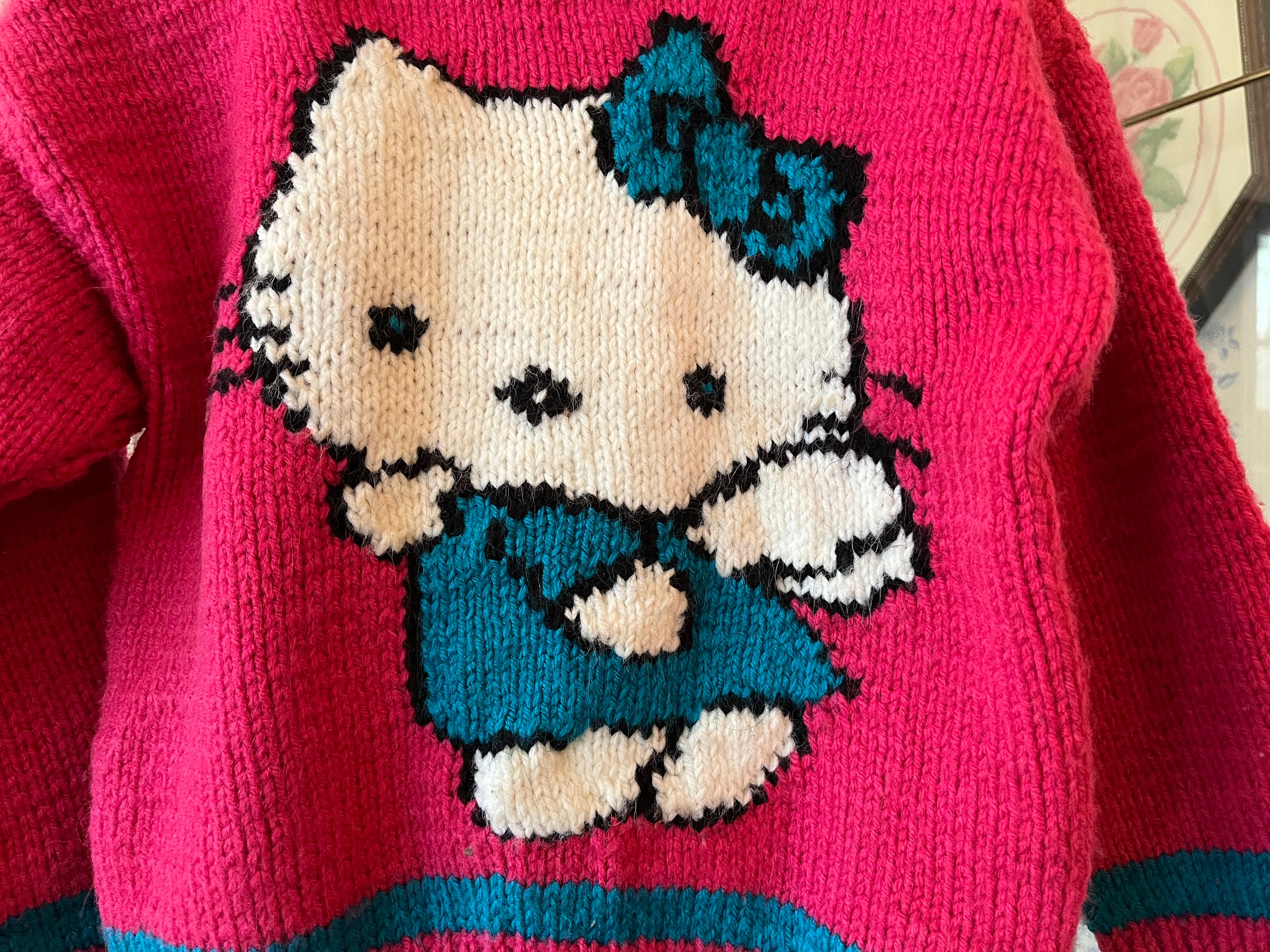 Vintage Kids' Handmade Sweater, Pink Hello Kitty Cardigan (C559