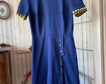 Vintage blue dress, dark blue day dress (C389), navy blue dress with orange trim, short sleeved dress, midi dress, A line dress