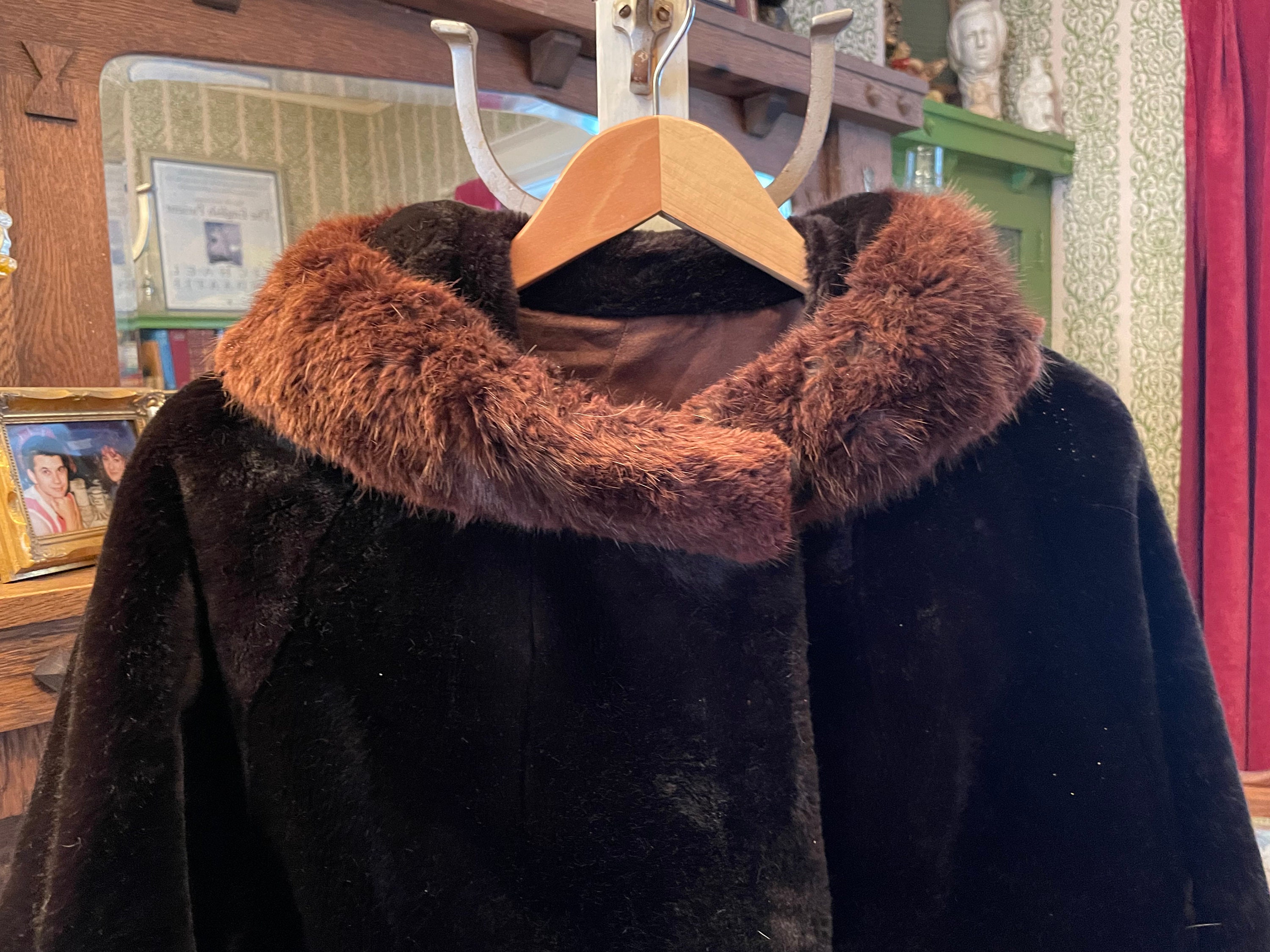 Vintage Faux Mouton Fur Coat B155, Brown Black With Mink Fur