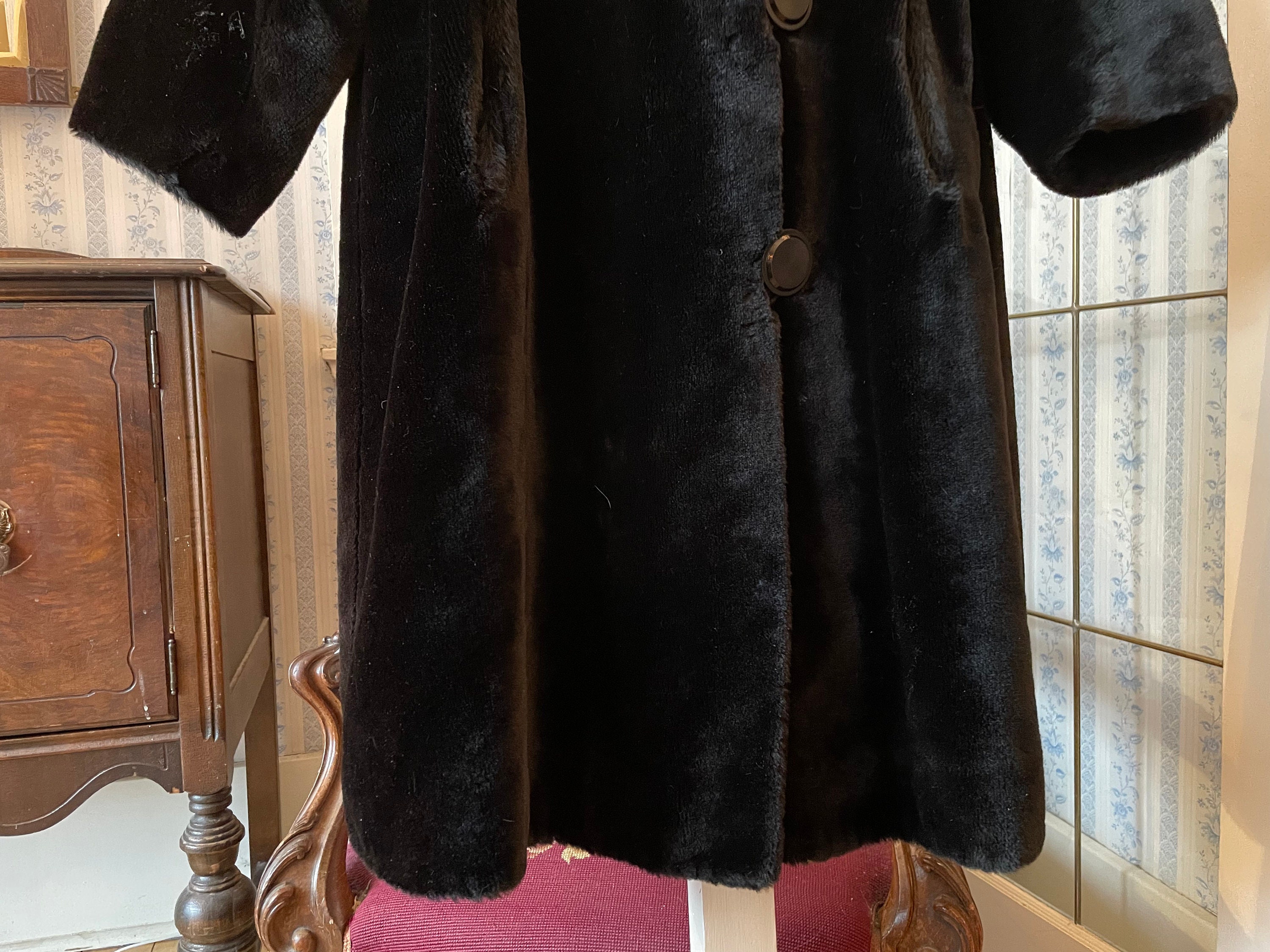 Vintage Black Coat, Faux Fur Long Coat (C410), Black Faux