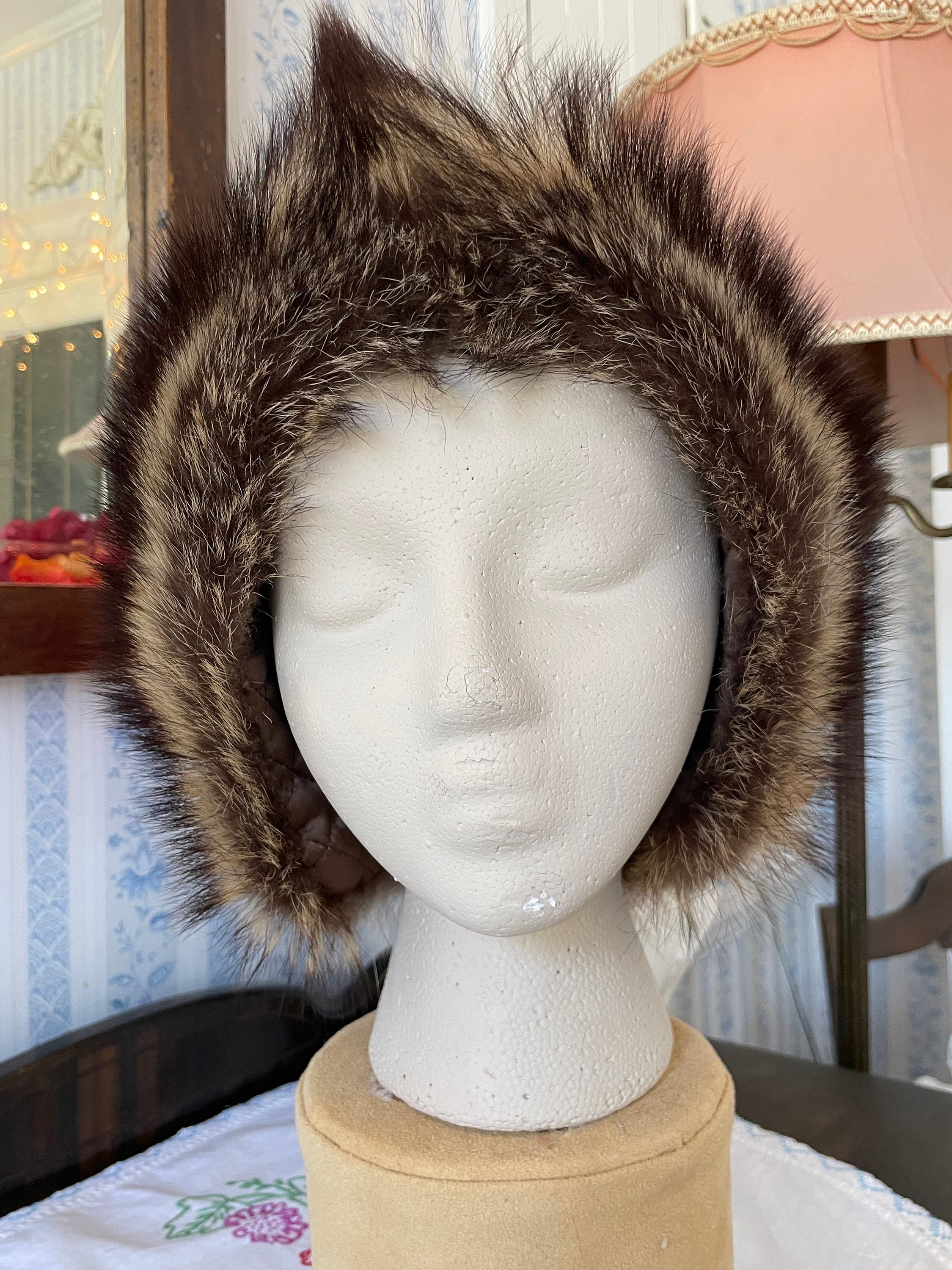 Vintage Brown Fur Hat, Brown Raccoon Fur Winter Hat, Cap 