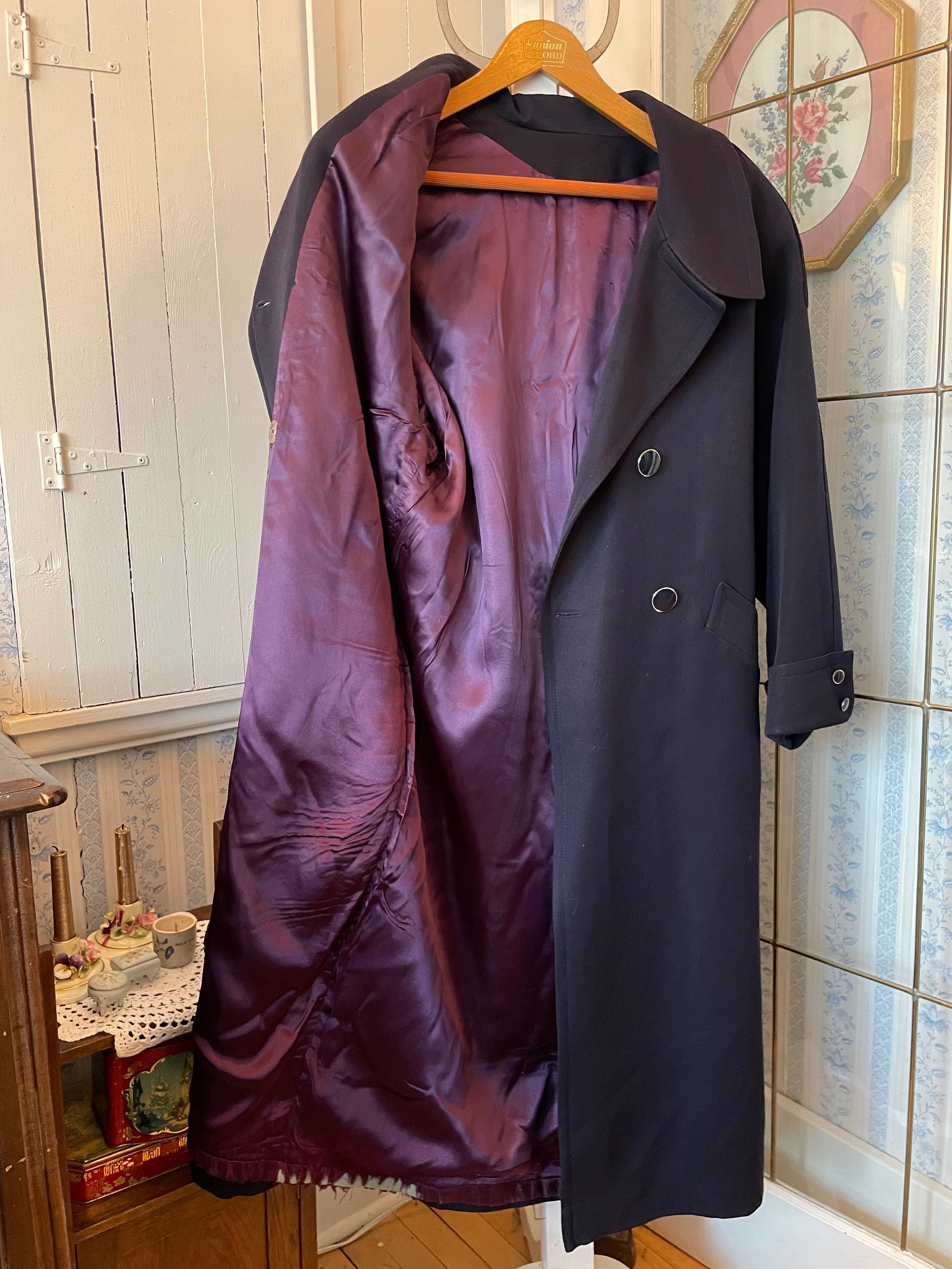 Vintage Navy Blue Coat, Long Wool Trench Coat (B890), Dark