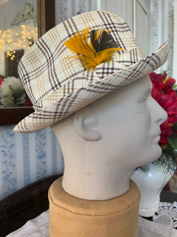 Vintage plaid hat, beige and brown plaid trilby (C