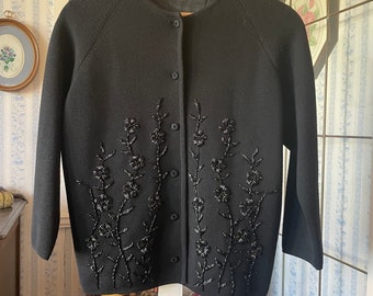 Vintage beaded sweater, black beaded cardigan (C299), black wool blend sweater, cardigan with beading, fancy sweater, cardigan