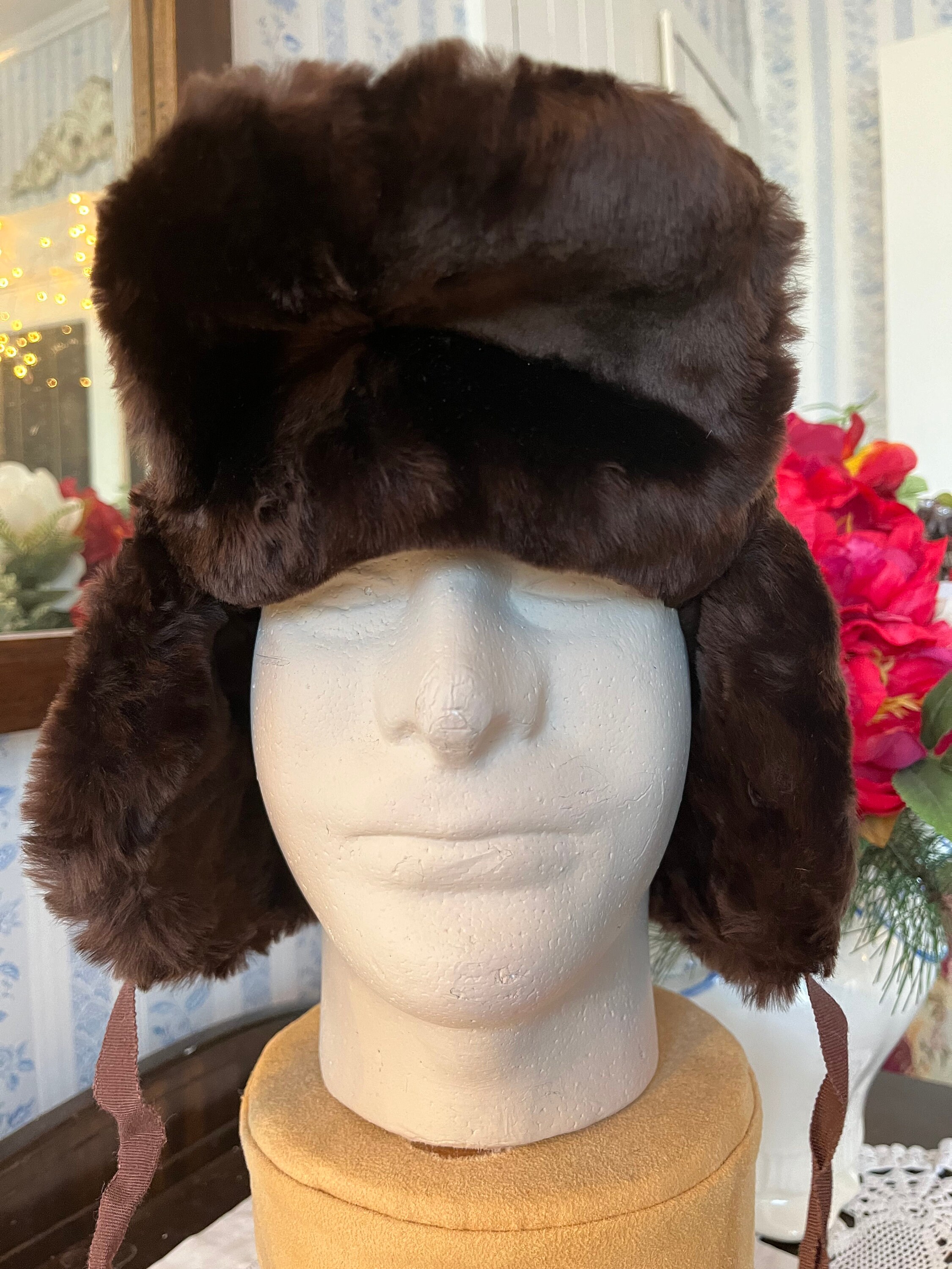 Vintage Brown Trapper Hat, Wool and Mouton Cap (C449), Brown