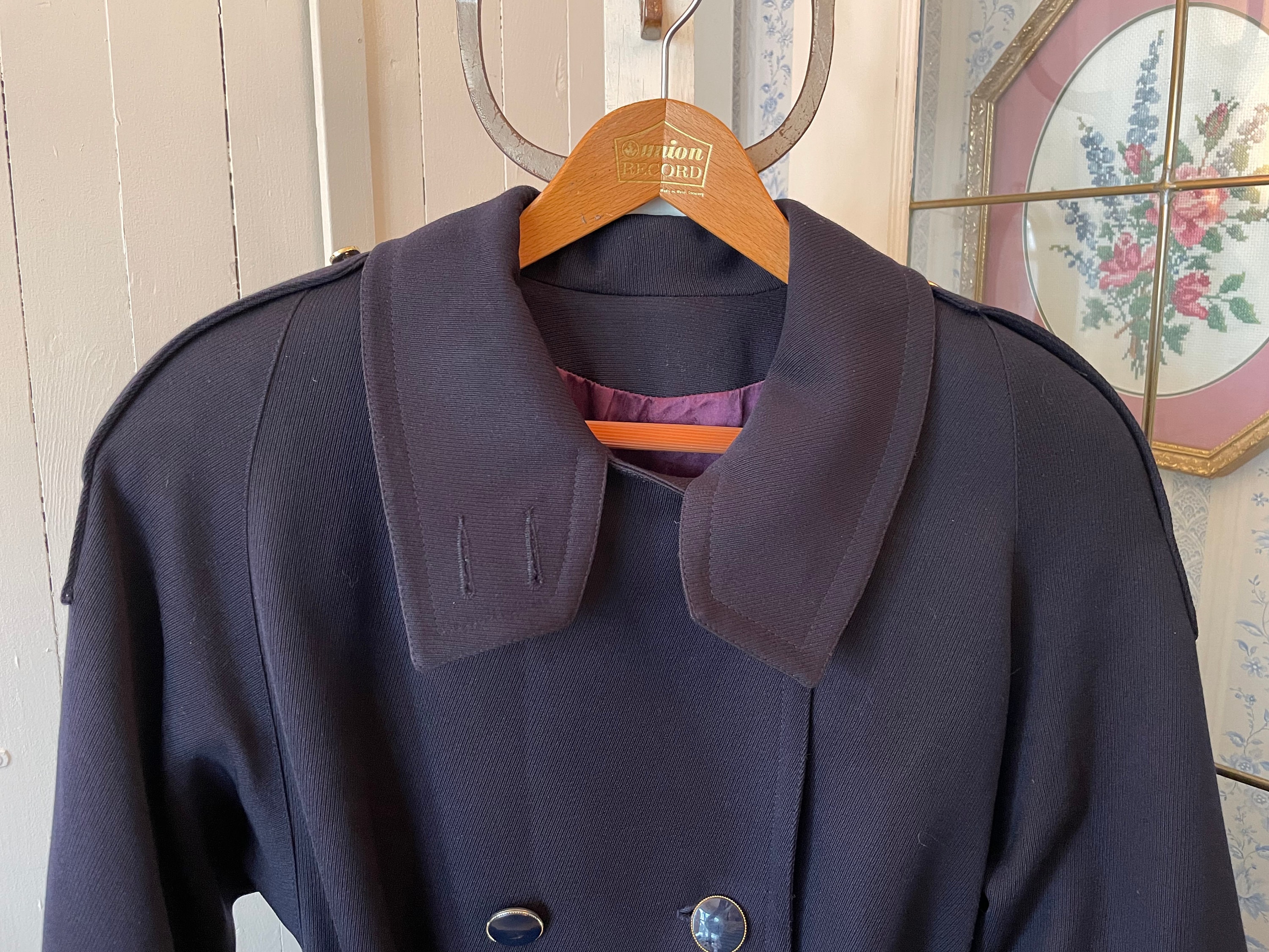 Vintage Navy Blue Coat, Long Wool Trench Coat (B890), Dark