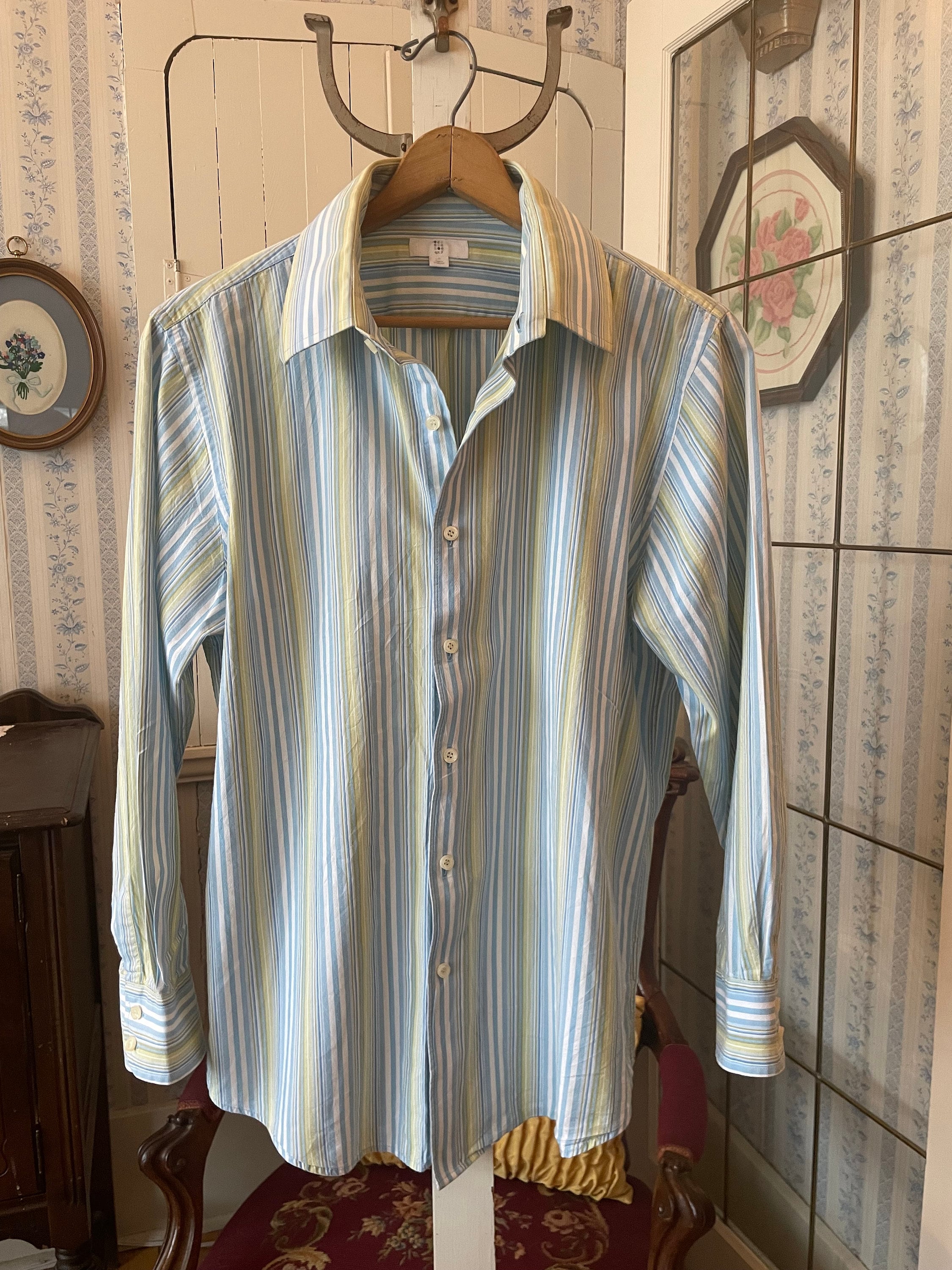 Vintage Blue Striped Shirt, Light Blue and Green Dress Shirt (C372), Blue  White Green Striped Button Down Shirt, Top, Striped Dress Shirt - Etsy