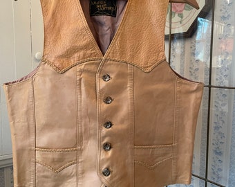 Vintage leather vest, tan brown leather waistcoat (C181), light tan brown leather vest, leather waistcoat with pockets, western vest