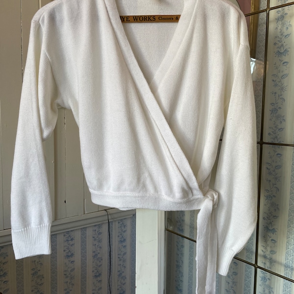 Vintage wrap sweater, white wrap sweater, cardigan (B786), white acrylic wrap. crossover sweater, cardigan