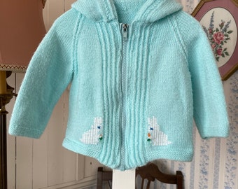 Vintage handmade baby sweater, hand knit pale blue hoodie (C015), hand knit light blue sweater, hoodie with hand embroidered rabbits