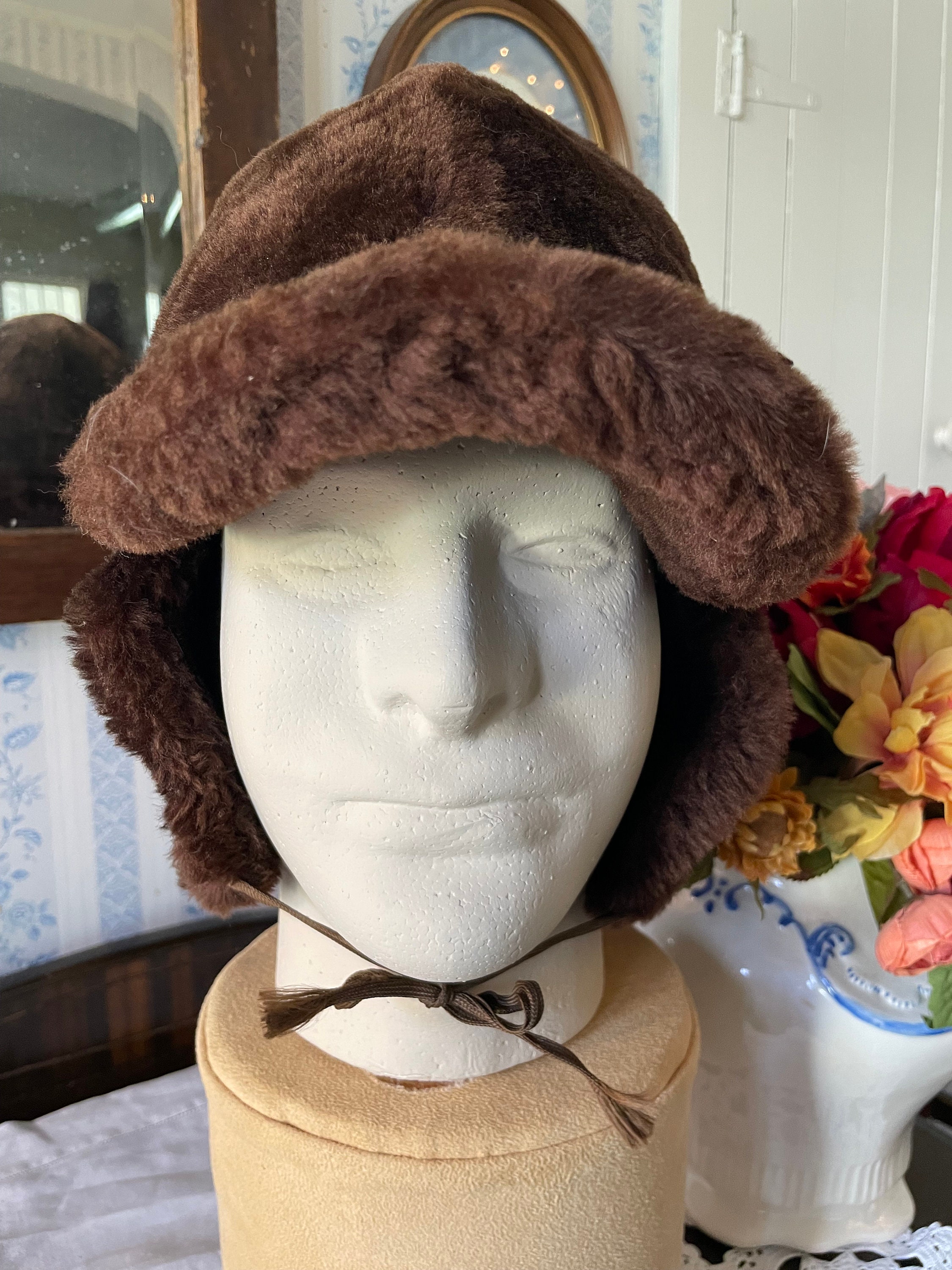 Vintage Fur Hat, Brown Mouton Trapper Hat, Cap (B623
