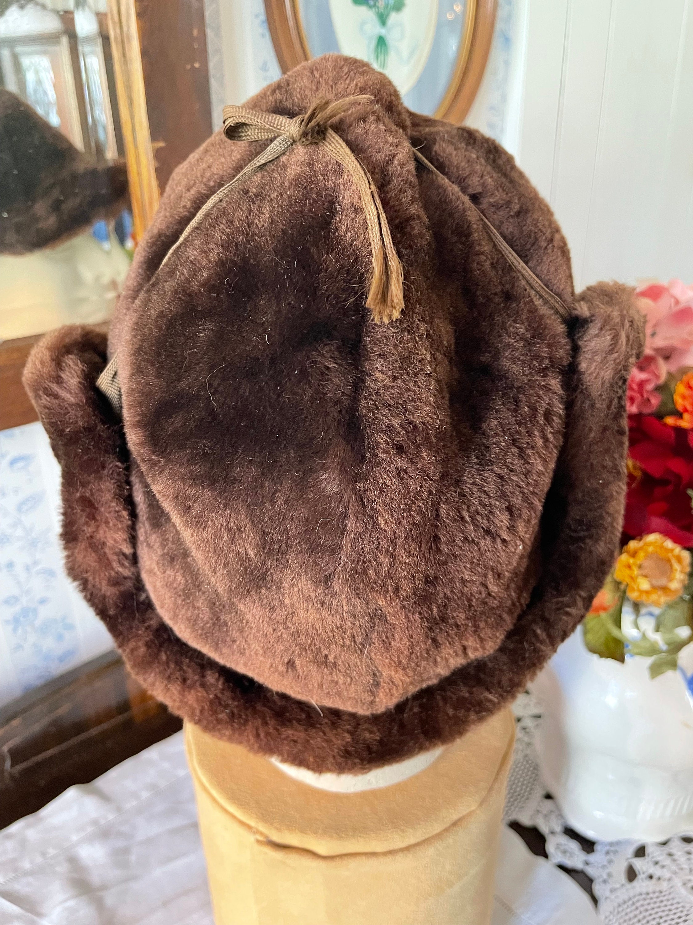 Vintage Fur Hat, Brown Mouton Trapper Hat, Cap (B623