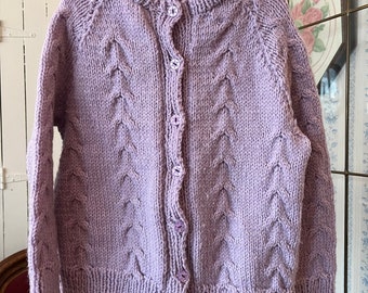 Vintage kids' lavender sweater, light purple handmade cardigan (C425), lavender purple hand knit sweater, cardigan