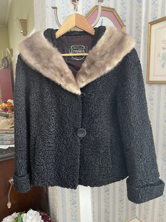 Veste/Manteau Vintage En Agneau Persan Avec Col Vison - Taille M, Années 50/60, Occasion Très Bon état