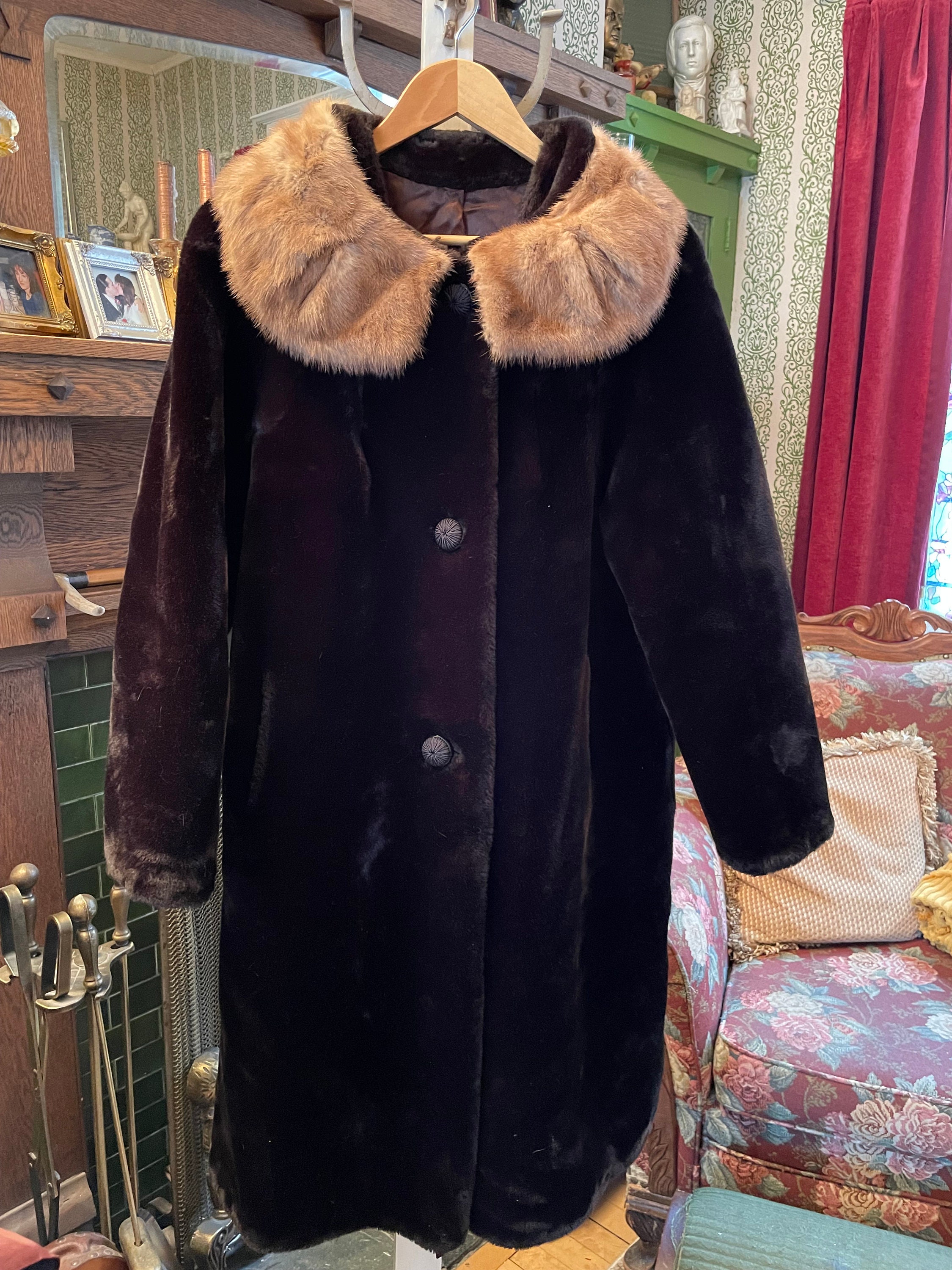 Vintage Faux Mouton Fur Coat B148, Dark Brown With Light Brown