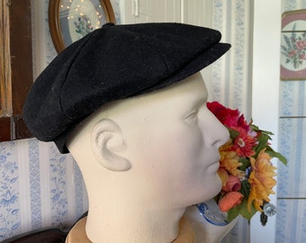 Vintage black hat, black wool newsboy cap (B629), Nathaniel Cole black wool blend newsboy hat, cap