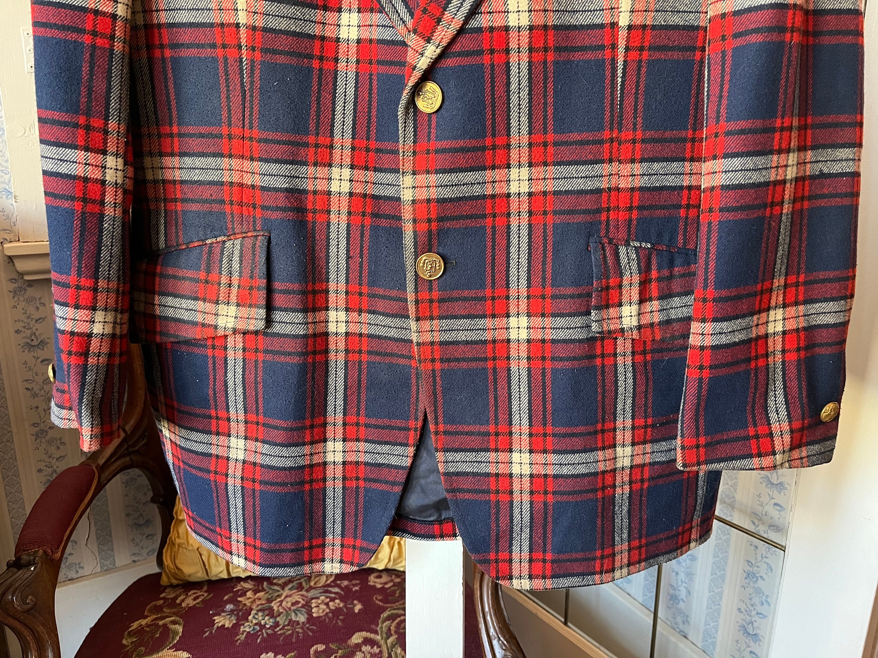 Vintage Plaid Sport Coat, Blue and Red Plaid Jacket (C530), Red
