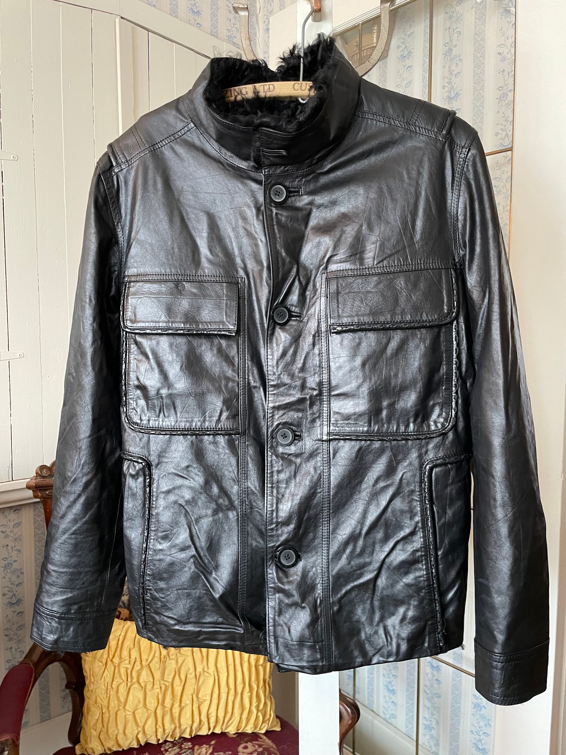 Vintage Black Leather Jacket, Fur Lined Black Leather Coat Vintage Black Leather Jacket, Fur Lined Black Leather Coat