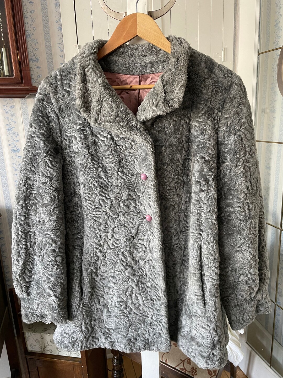 Vintage Silver Grey Faux Fur Jacket, Coat (B194), Faux Persian