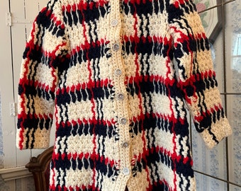 Vintage kids' handmade long sweater, navy blue red and beige cardigan (C555), hand crocheted very long sweater, jacket, cardigan