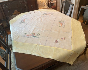 Vintage linen tablecloth, handmade tablecloth (B499), vintage tablecloth with hand embroidered pagoda designs