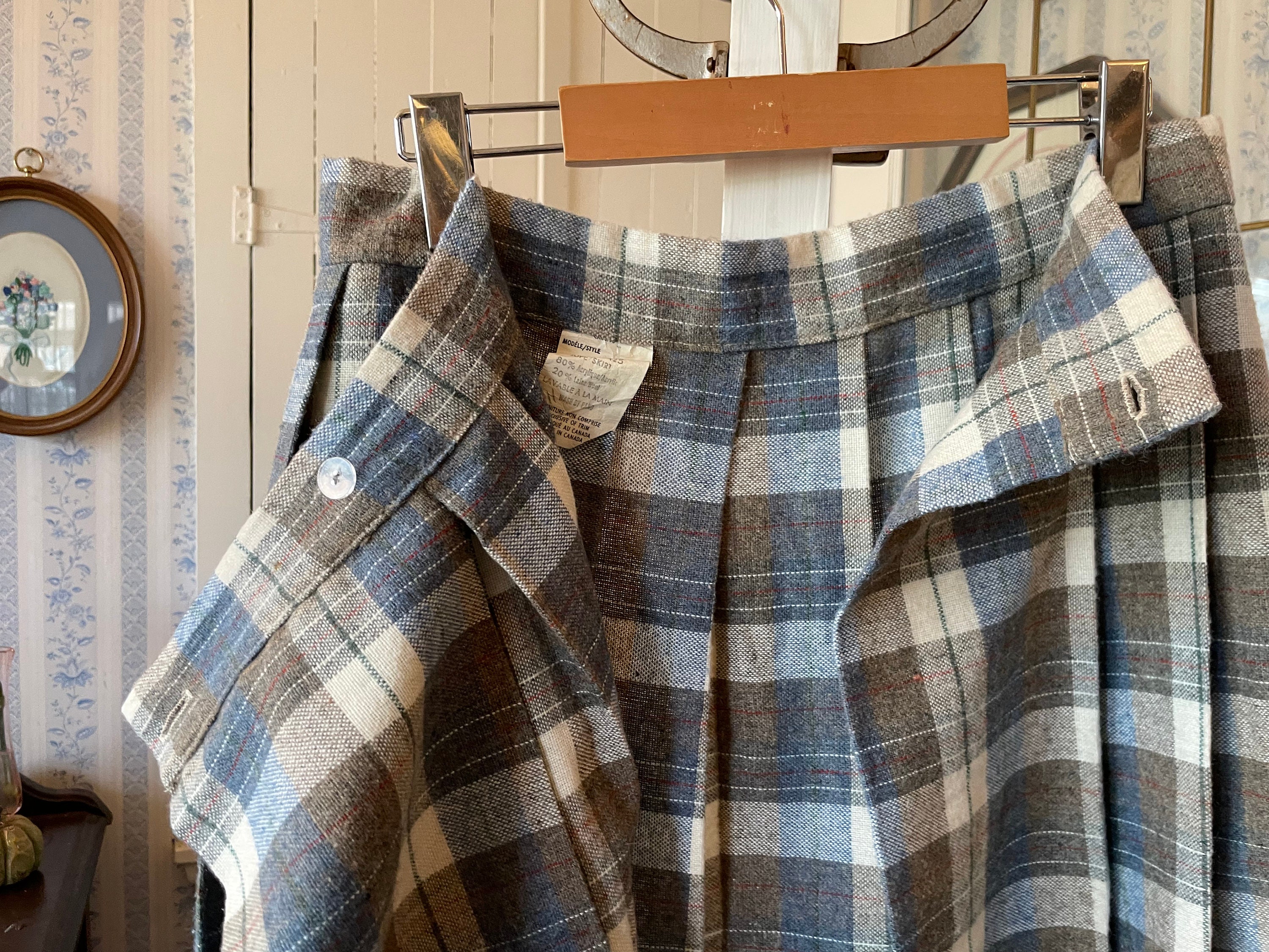 Vintage blue plaid skirt blue and beige wool skirt C322 blue beige off White plaid skirt full skirt plaid wool skirt wrap skirt