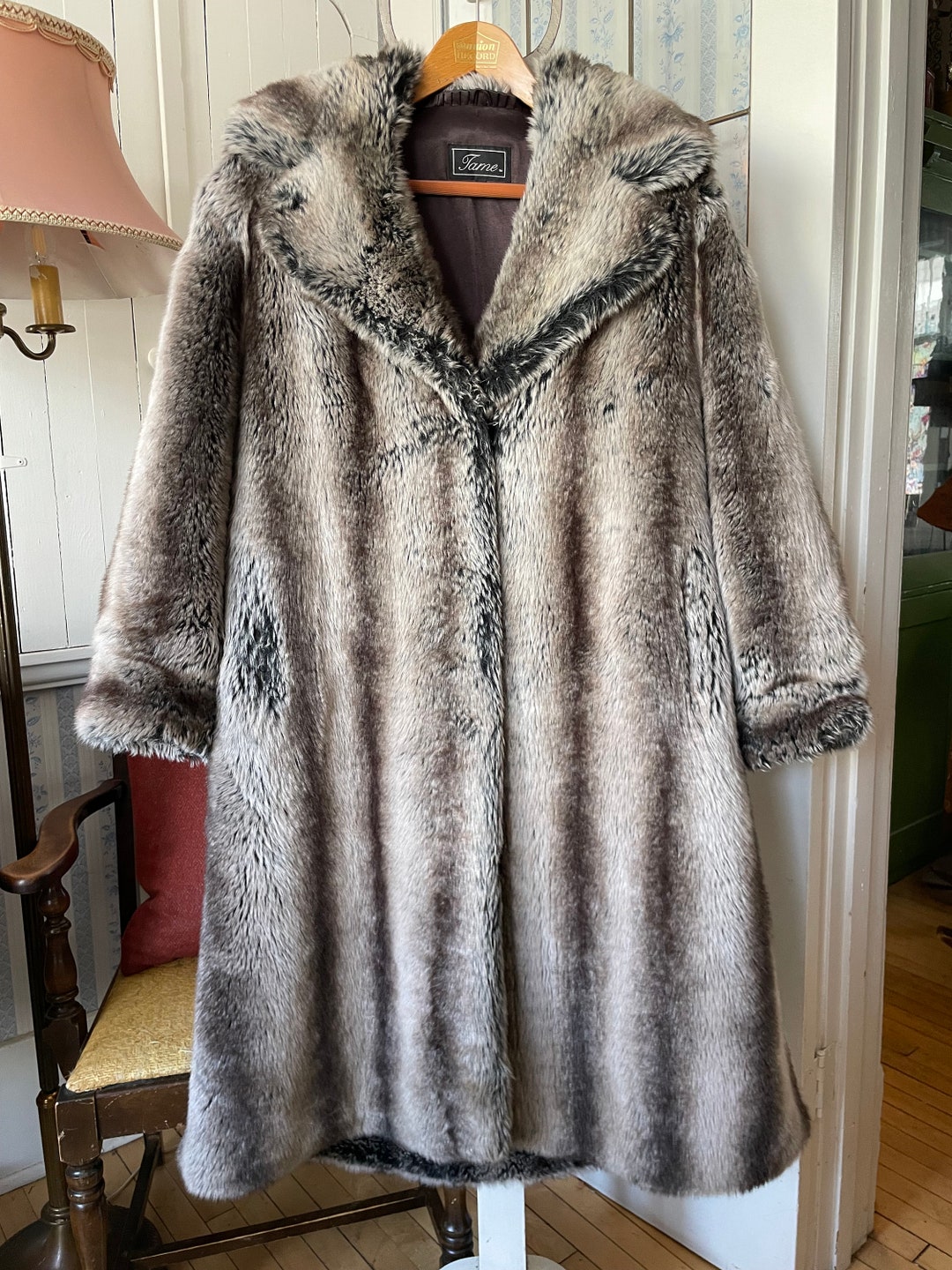 Vintage Brown Print Faux Fur Leather Coat 12 14 16