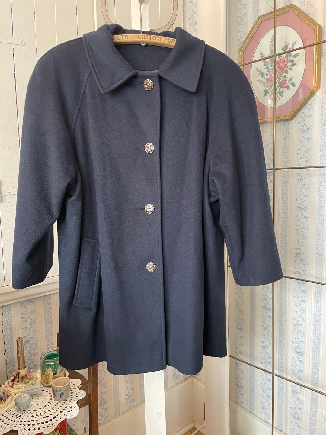 Vintage Navy Blue Coat, Wool Short Coat (B860), Navy Blue