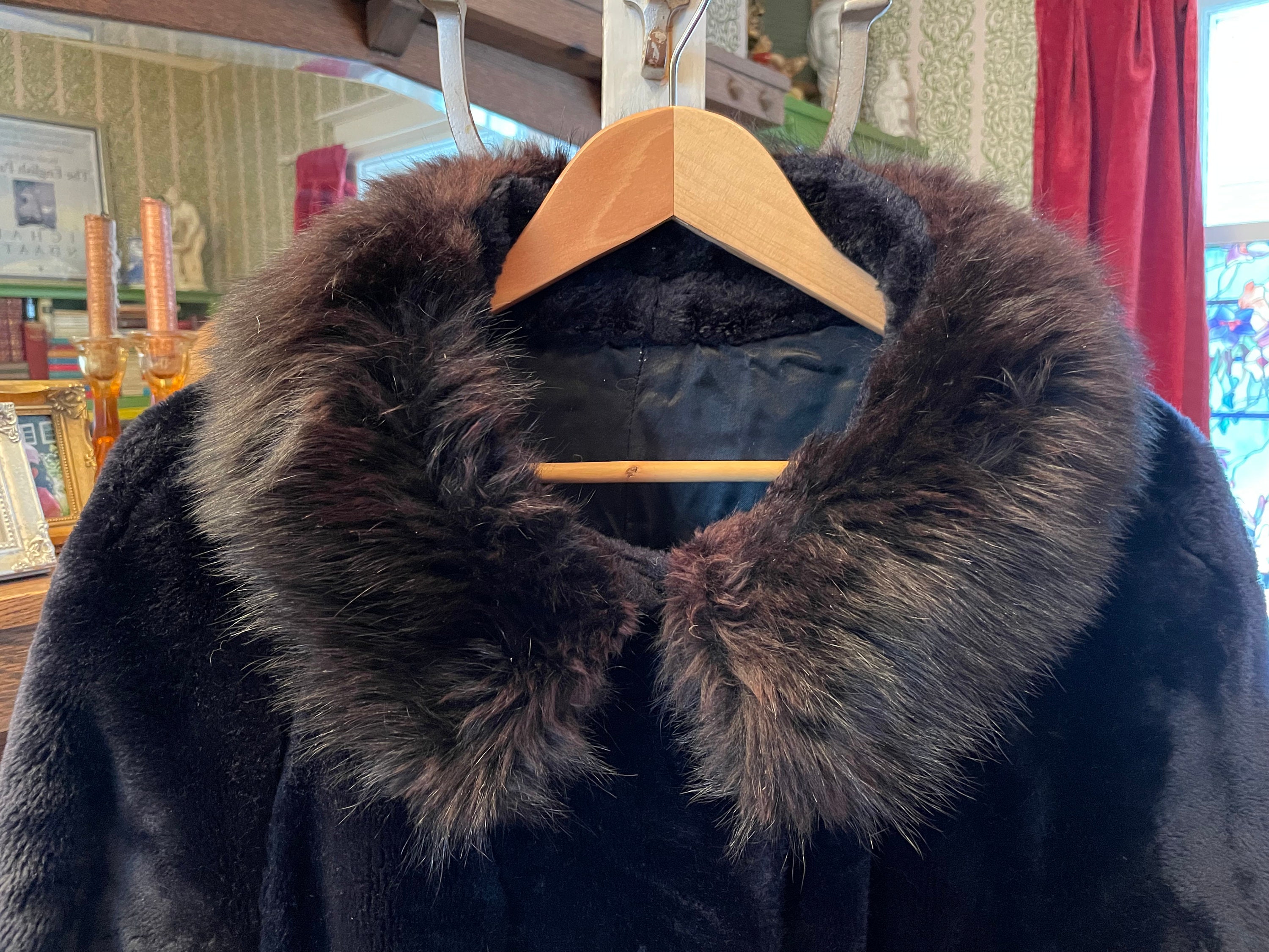 Vintage Black Faux Fur Long Coat (B096) With Very Dark Brown Vintage Black Faux Fur Long Coat (B096) With Very Dark Brown