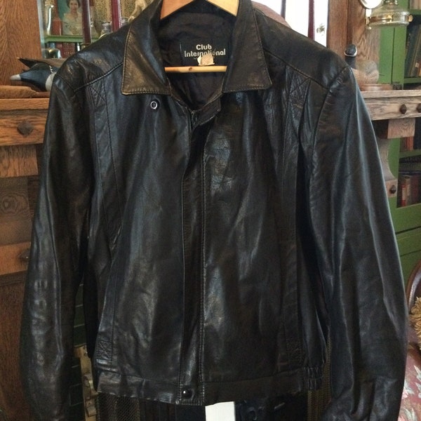 veste courte en cuir noir vintage (B059), blouson bomber avec doublure