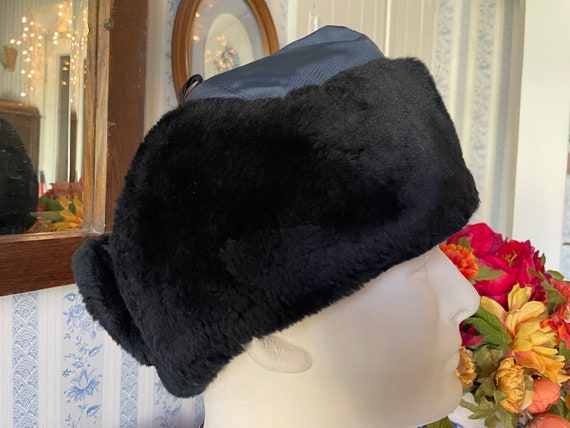 Vintage Fur Hat, Black Mouton Trapper Hat, Cap (B620), Blue  display picture 2