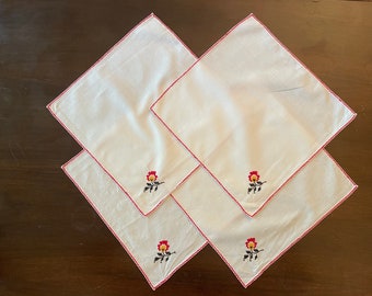 Vintage napkins, vintage handmade napkins (B504), vintage white napkins with red and black embroidery