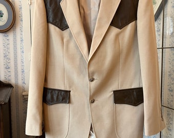 Vintage beige sport coat, beige and brown jacket (C561), beige and brown western style blazer, jacket, sport coat with leather trim