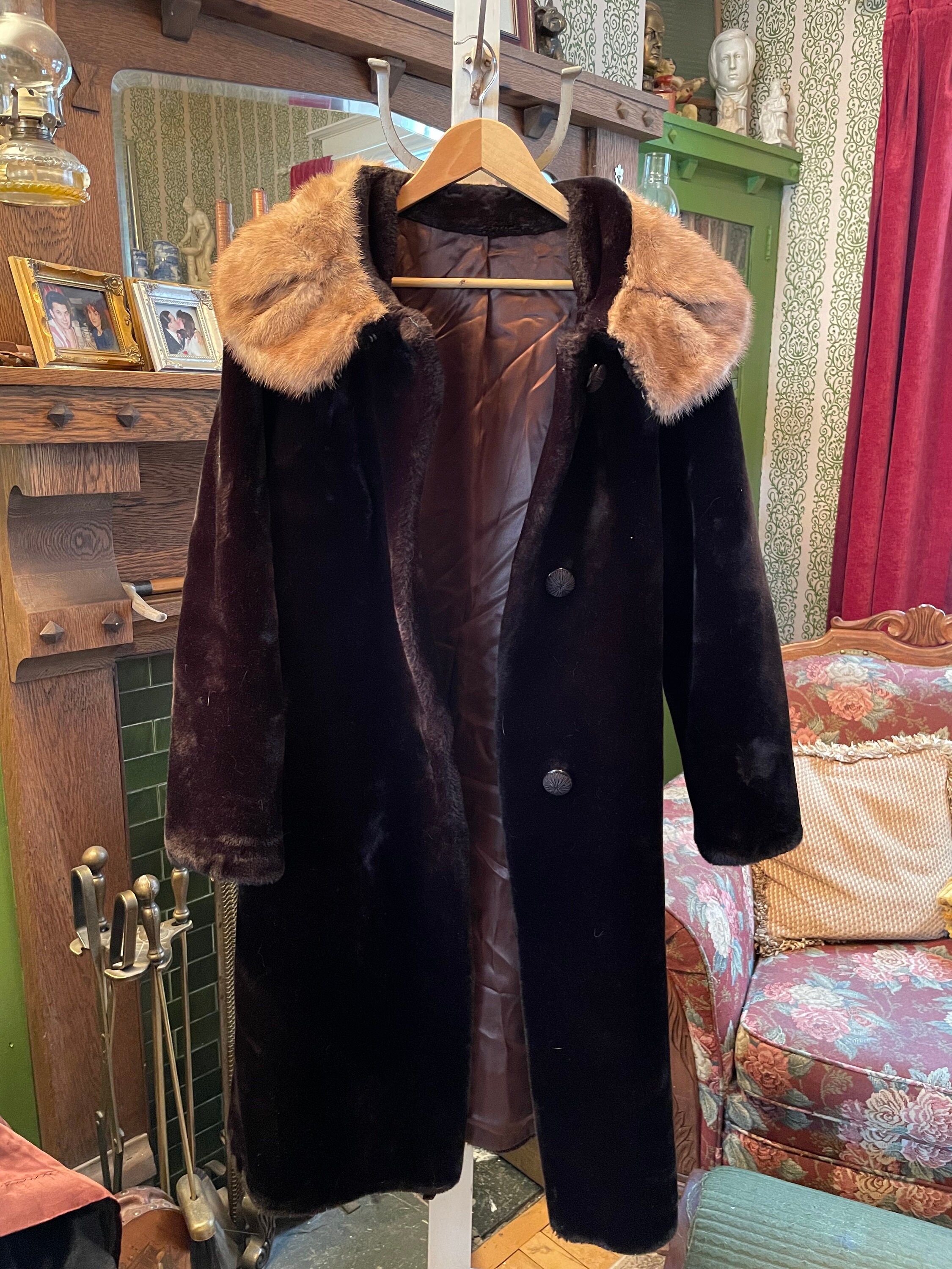 ジャケット・アウター ACLENT Fake mouton fur coat Vintage Faux Mouton Fur Coat (B148), Dark Brown With Light