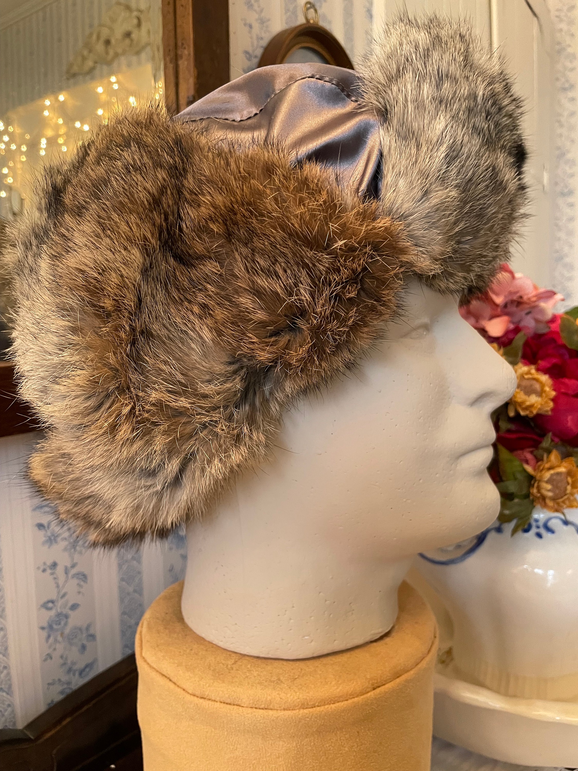 H94 used ラビット リアルファー fur 帽子 グレー レディース