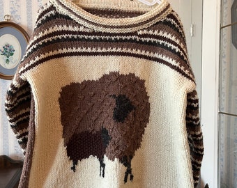 Vintage kids' beige and brown sweater, handmade pullover (C565), hand knit beige pullover with brown sheep and lamb and brown stripes