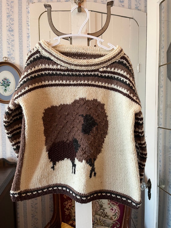 Vintage kids' beige and brown sweater, handmade p… - image 1