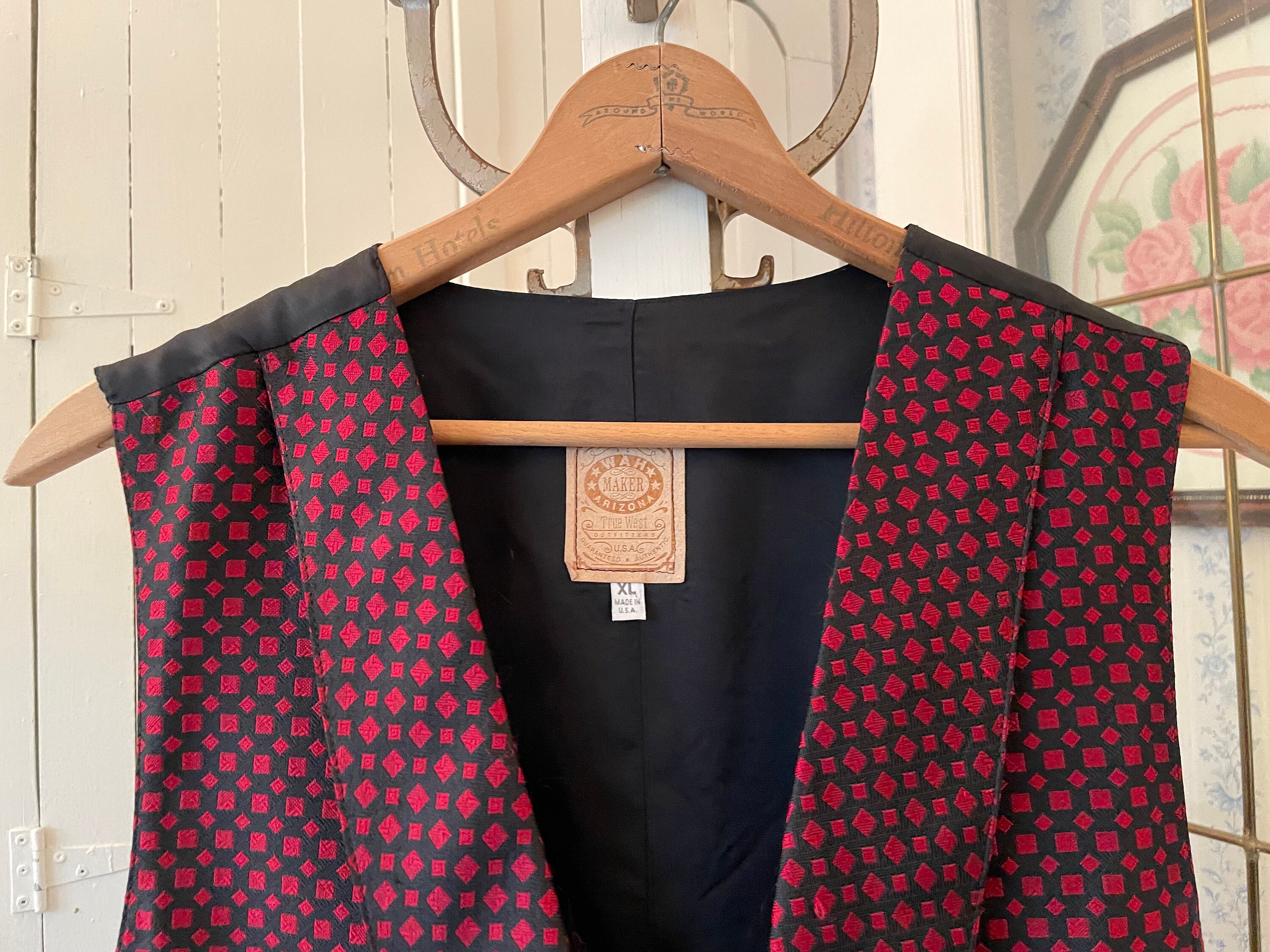 Vintage Red Vest, Red and Black Tuxedo Vest, Waistcoat (C210