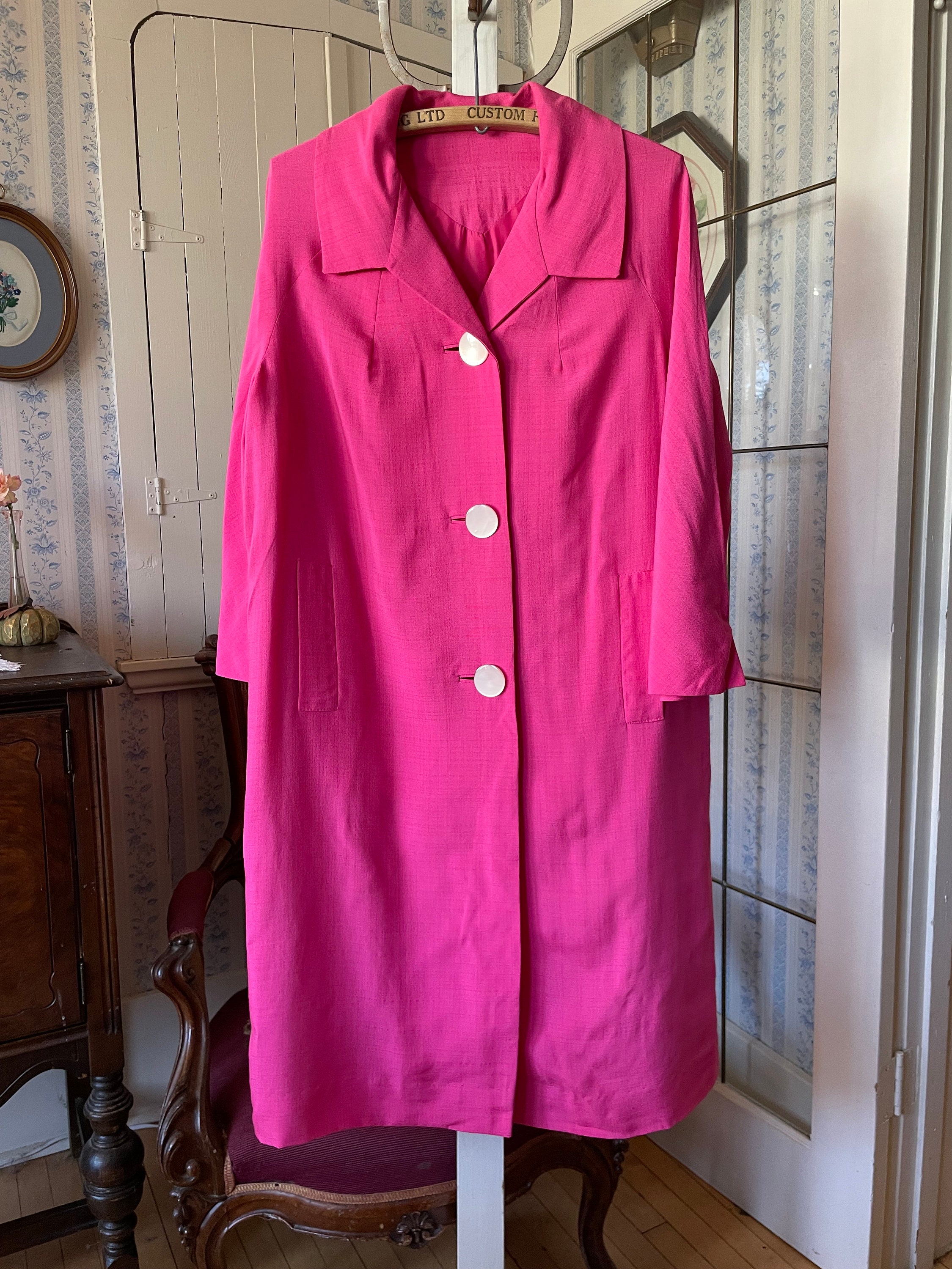 Vintage Pink Coat, Long Bright Pink Jacket, Coat (C314