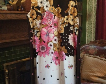 Vintage sleeveless shift dress (B002), brown with pink flowers