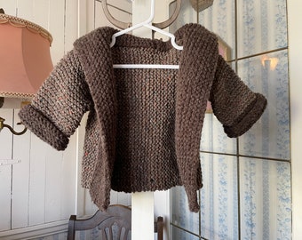 Vintage kids' brown sweater, handmade wool blend hoodie (B963), light and dark brown hand knit sweater, wool blend hoodie