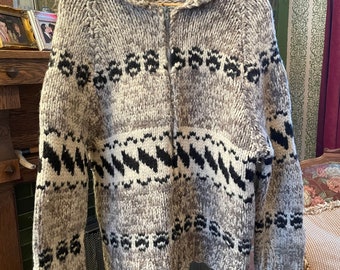 Vintage hand knit wool Cowichan sweater, cardigan (B146), black, beige and brown Vintage hand knit wool Cowichan sweater, cardigan (B146), black, beige and brown
