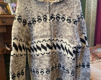 Vintage hand knit wool Cowichan sweater, cardigan (B146), black, beige and brown