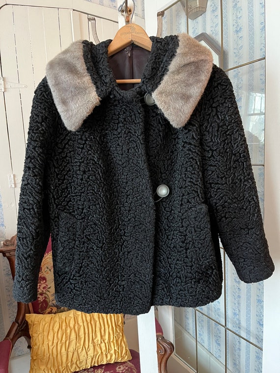 Vintage black faux fur coat, faux Persian lamb ja… - image 3