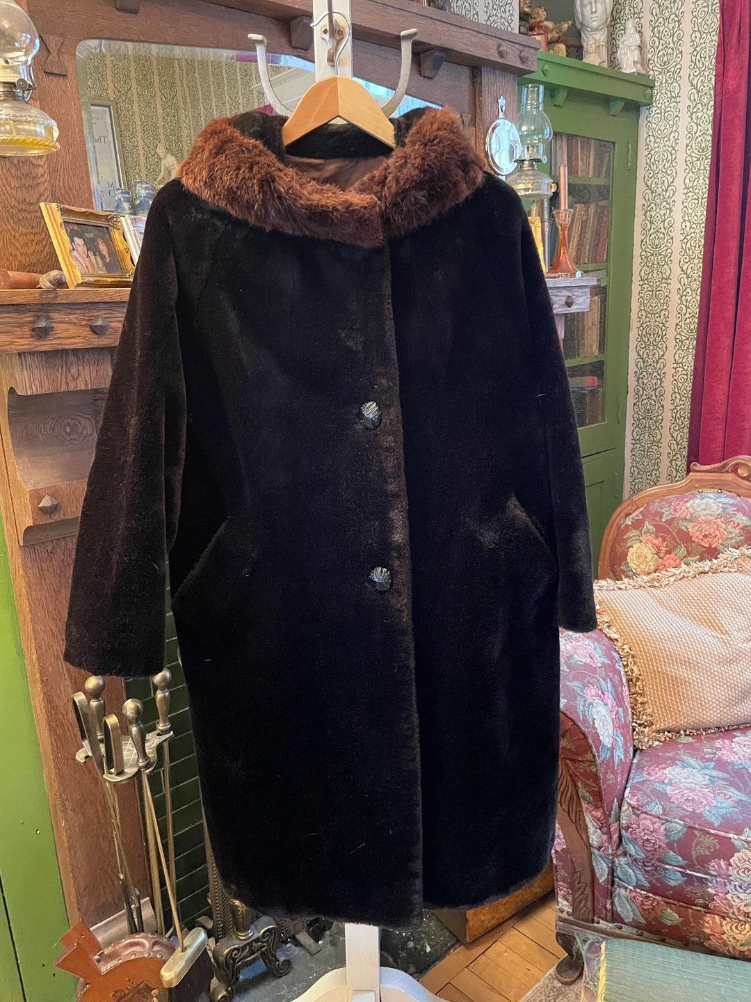 Vintage Faux Mouton Fur Coat B155, Brown Black With Mink Fur