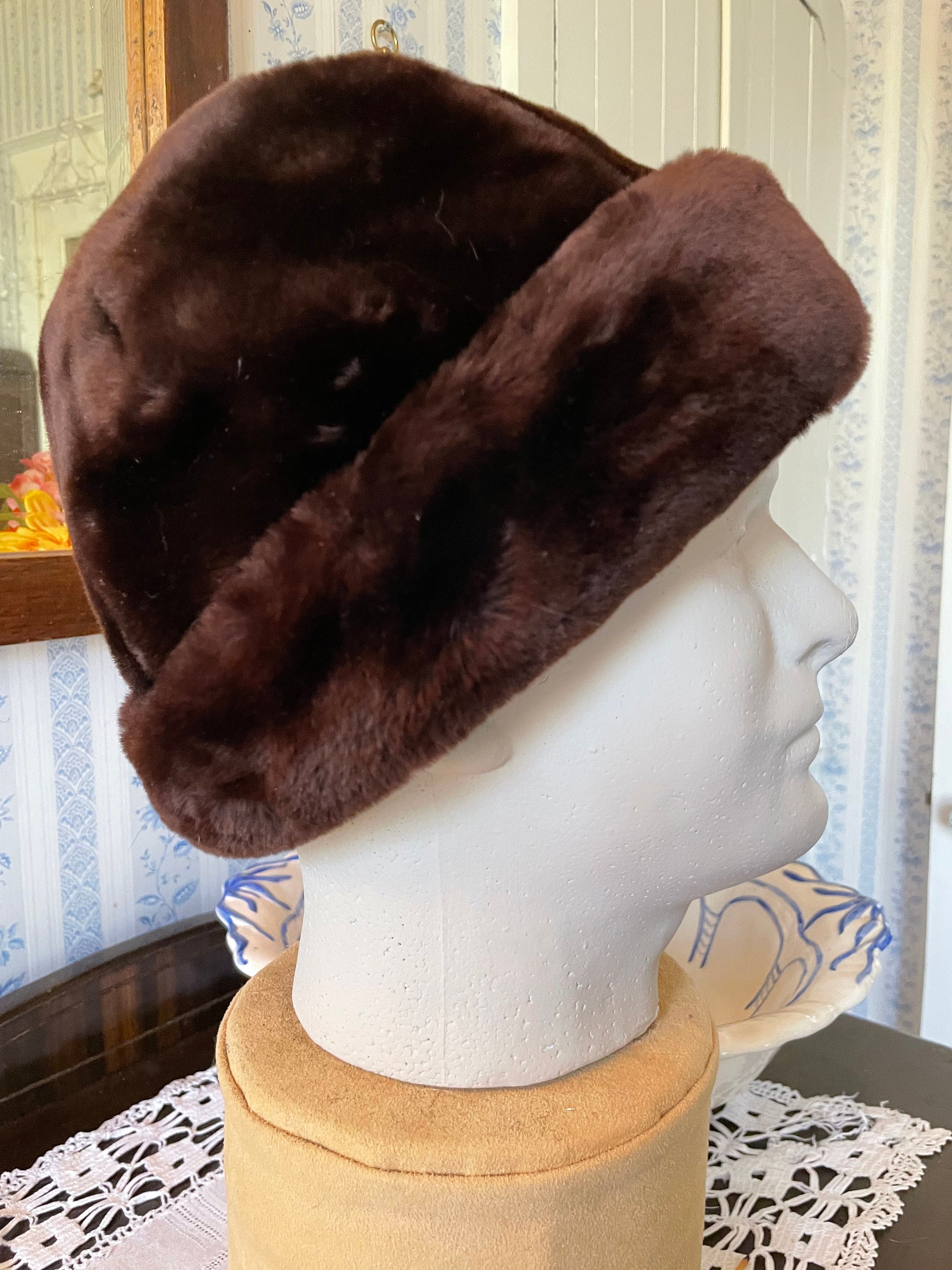 帽子 vintage furhat Vintage Faux Fur Hat Alpine - Unisex Brown and Black Fedora
